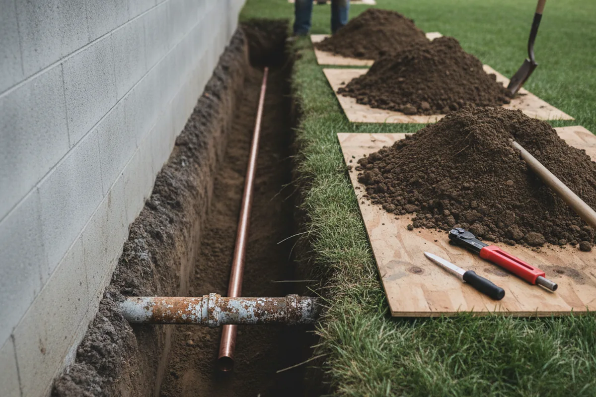 Excavated water line trench during Sewer Line Repair in Creekside